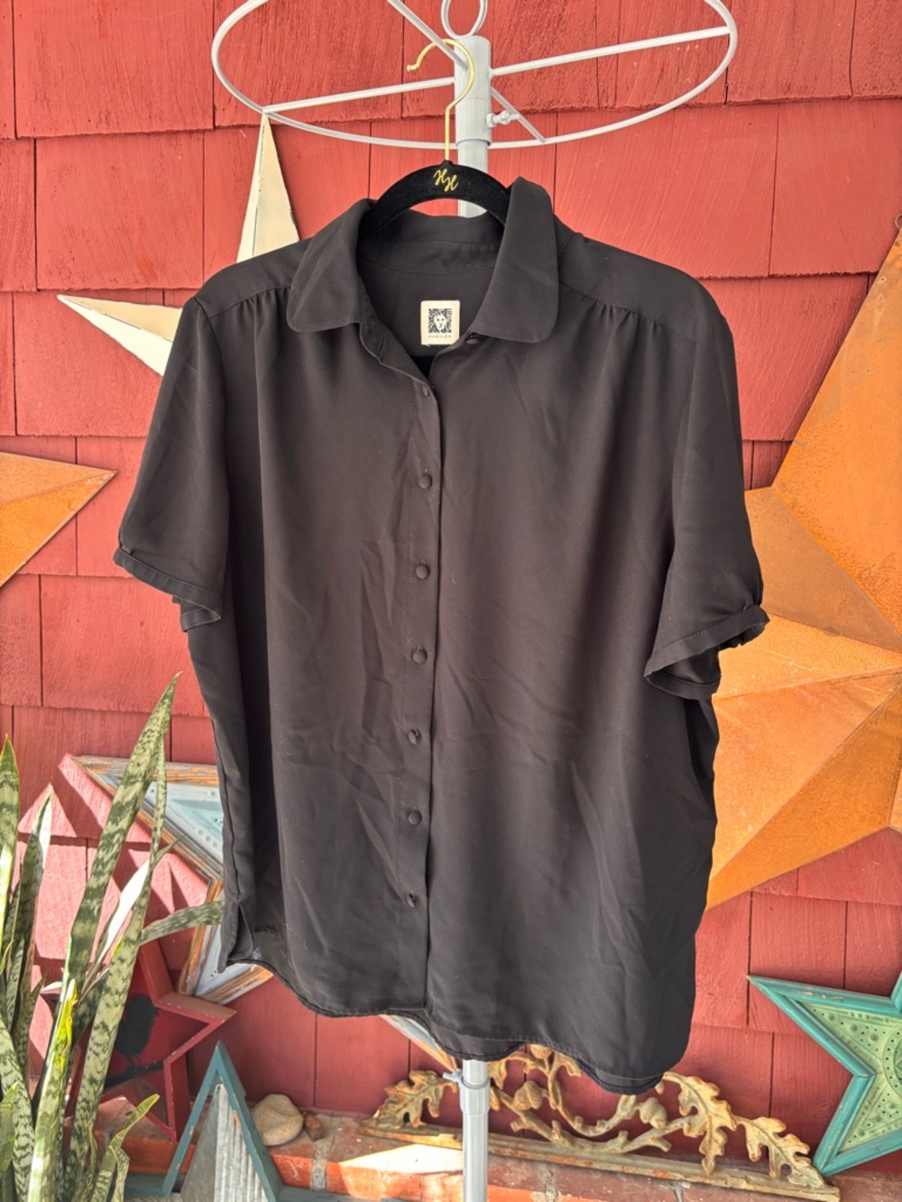 Anne Klein Black Button-Up Short Sleeve Blouse M Women's XL (14-16)